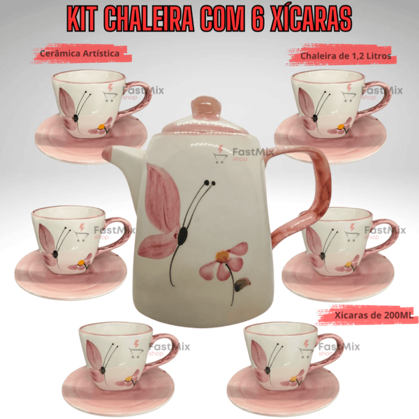Jogo de 6 Xícaras de 200ml com Pires + 1 Chaleira BORBOLETA - Imagem 4