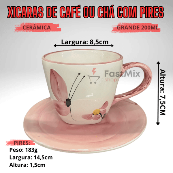 Jogo de 6 Xícaras de 200ml com Pires + 1 Chaleira BORBOLETA - Imagem 2