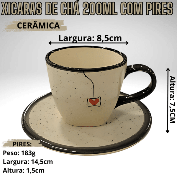 Jogo de 6 Xícaras de 200ml com Pires + 1 Chaleira PRETO CORAÇÃO - Imagem 4