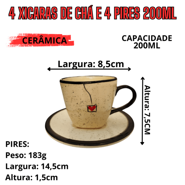 Jogo com 4 Xícaras de 200ml + 1 Chaleira PRETO CORAÇÃO - Imagem 2
