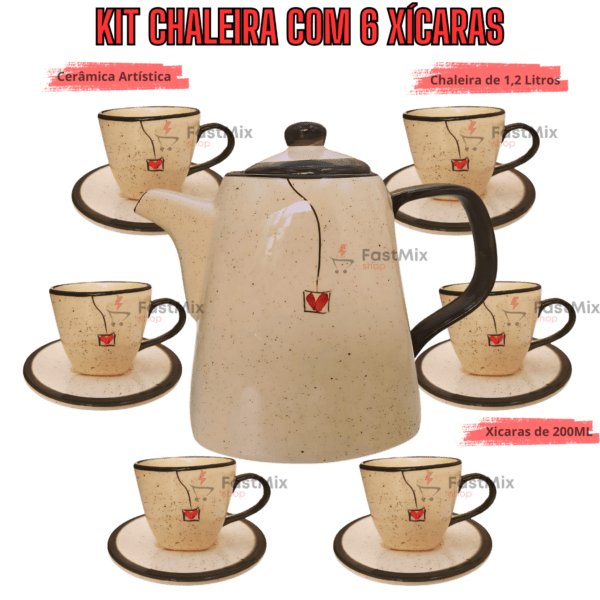 Jogo de 6 Xícaras de 200ml com Pires + 1 Chaleira PRETO CORAÇÃO - Imagem 2