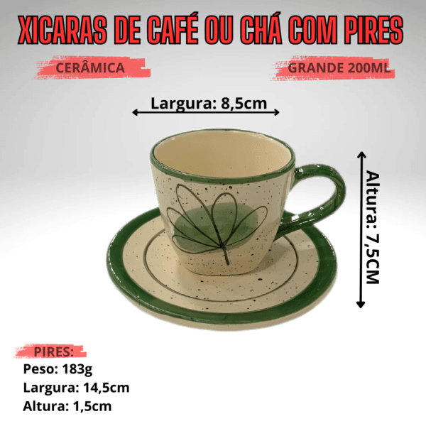 Jogo de 6 Xícaras de 200ml com Pires + 1 Chaleira VERDE - Imagem 3