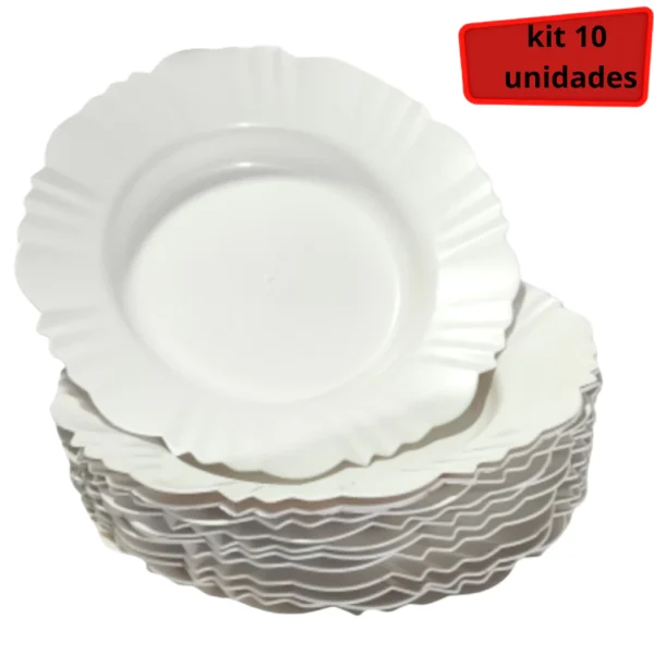 Kit 10 Pratos Fundos Redondos Branco Com Borda de Plástico Refeição Festa Churrasco - Imagem 2
