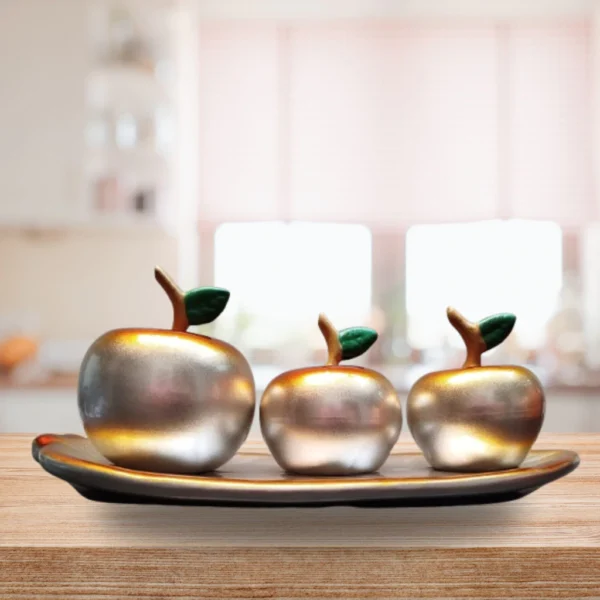 Fruteira Decorativa Maça em Cerâmica Sofisticação Elegância - PRATA COM DOURADO - Imagem 4