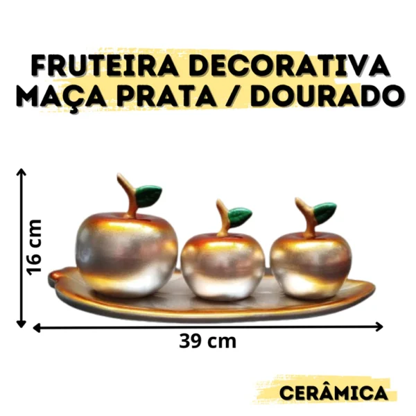 Fruteira Decorativa Maça em Cerâmica Sofisticação Elegância - PRATA COM DOURADO - Imagem 3