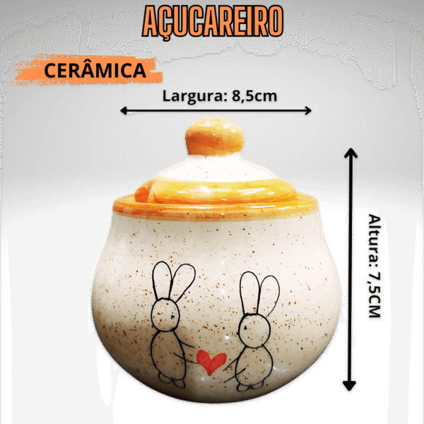 Açucareiro Redondo Pintado á Mão de Cerâmica - Coelho Apaixonado - Imagem 2