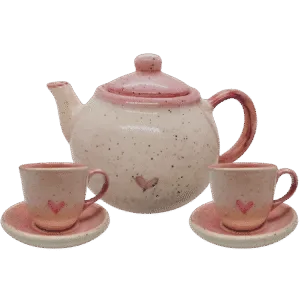 Jogo de Chá com 1 Bule e 2 Xícaras de 70ml com pires - Rosa Coração