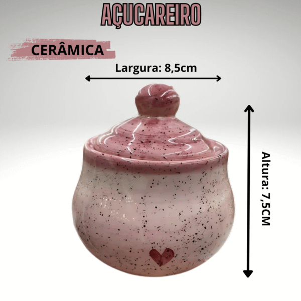 Açucareiro Redondo Pintado á Mão de Cerâmica - Rosa Coração - Imagem 2
