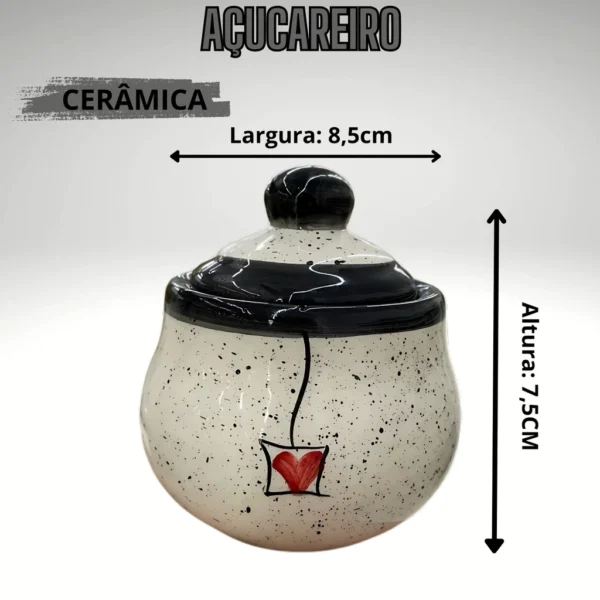 Açucareiro Redondo Pintado á Mão de Cerâmica - Preto Coração - Imagem 2