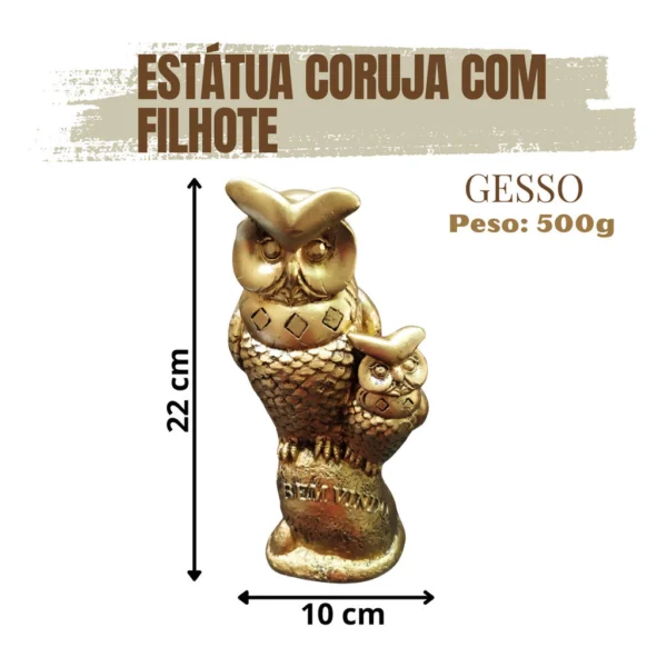 Estátua Coruja Com Filhote Decoração Sala Escritório Dourada peça decorativa - Imagem 2