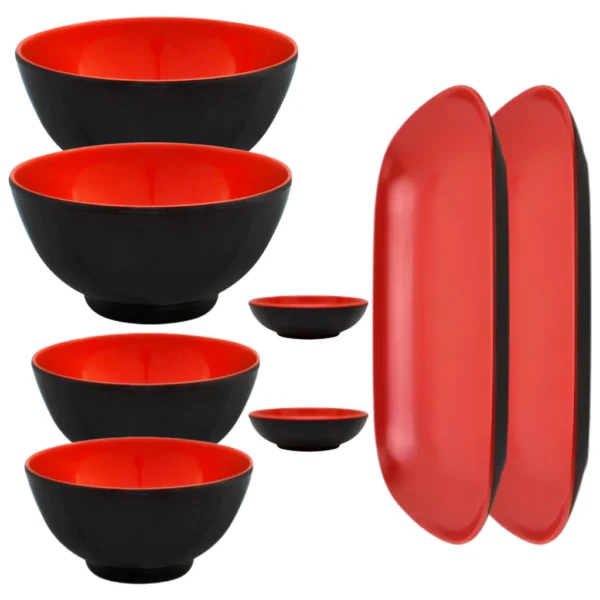 Kit Oriental 8 Peças em Melamina Tigelas Pratos e Molheiras Funcional