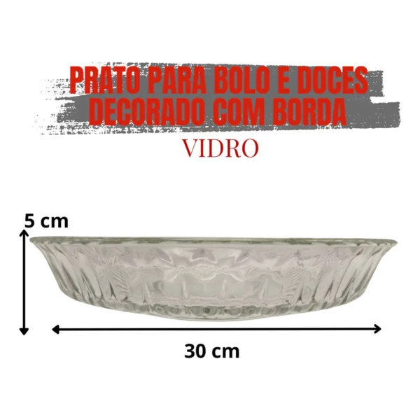 Prato de vidro Para Bolo de 30cm ideal para Doces Decorado Com Borda + 2 Espátulas - Imagem 4