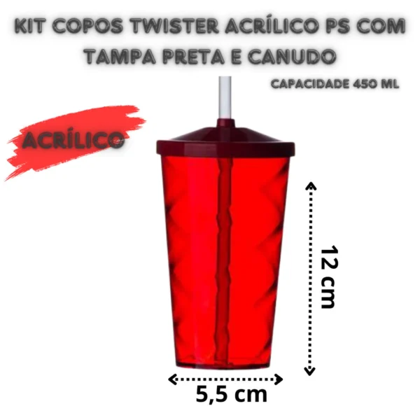 Kit 20 Copos Twister Acrílico PS Com Tampa Preta e Canudo Estilo Praticidade 450ml - Imagem 6