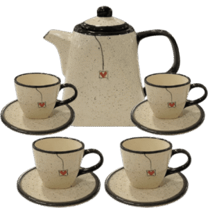 Jogo com 4 Xícaras de 200ml + 1 Chaleira PRETO CORAÇÃO