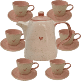 Jogo com 6 Xícaras de 200ml com Pires + 1 Chaleira ROSA CORAÇÃO