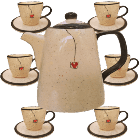 Jogo de 6 Xícaras de 200ml com Pires + 1 Chaleira PRETO CORAÇÃO