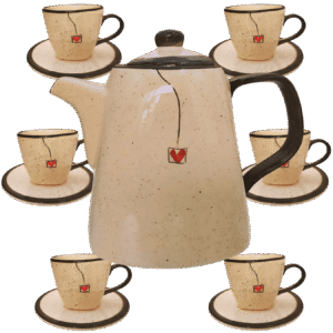 Jogo de 6 Xícaras de 200ml com Pires + 1 Chaleira PRETO CORAÇÃO