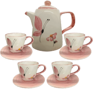 Jogo com 4 Xícaras de 200ml + 1 Chaleira BORBOLETA