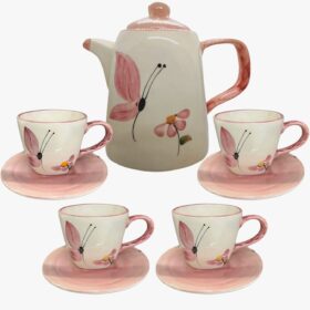 Kit Chaleira Grande da Natureza com Xícaras e Pires de Cerâmica pintados à Mão