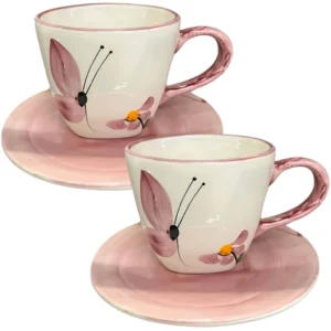 2 Xicaras para Café ou Chá Grande de 200ml em Cerâmica Pintado a Mão BORBOLETA