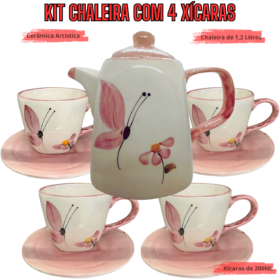 Jogo de Xicaras para cafe exclusivo 4 Xícaras de 200ml com Pires e 1 Chaleira Pintados a mão