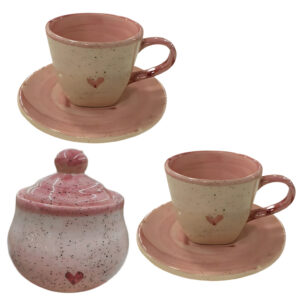 Xícaras De Chá 2 Unidades Com Pires 200ml E Açucareiro Rosa Coração em cerâmica