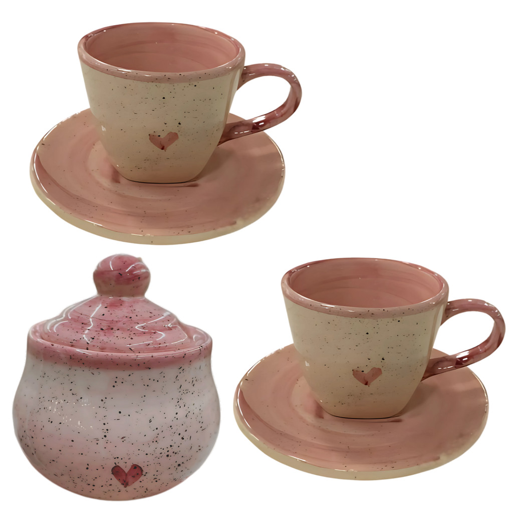 Xícaras De Chá 2 Unidades Com Pires 200ml E Açucareiro Rosa Coração em cerâmica