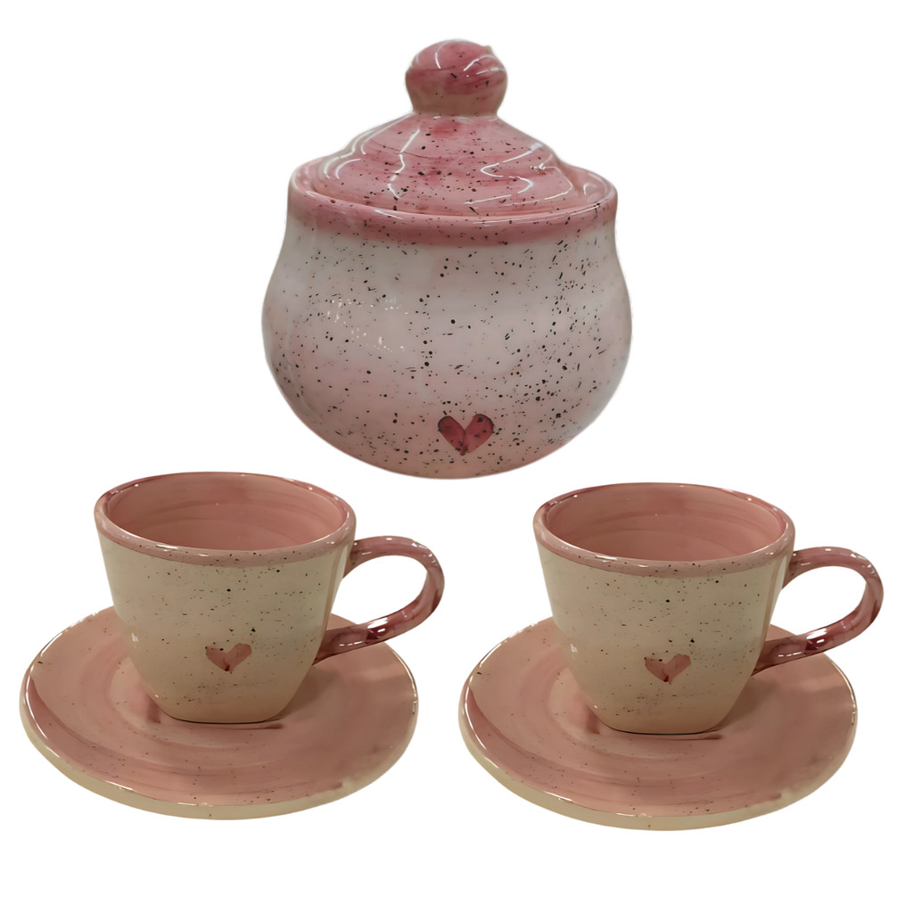 Xícaras De Chá 2 Unidades Com Pires 200ml E Açucareiro Rosa Coração em cerâmica - Imagem 2