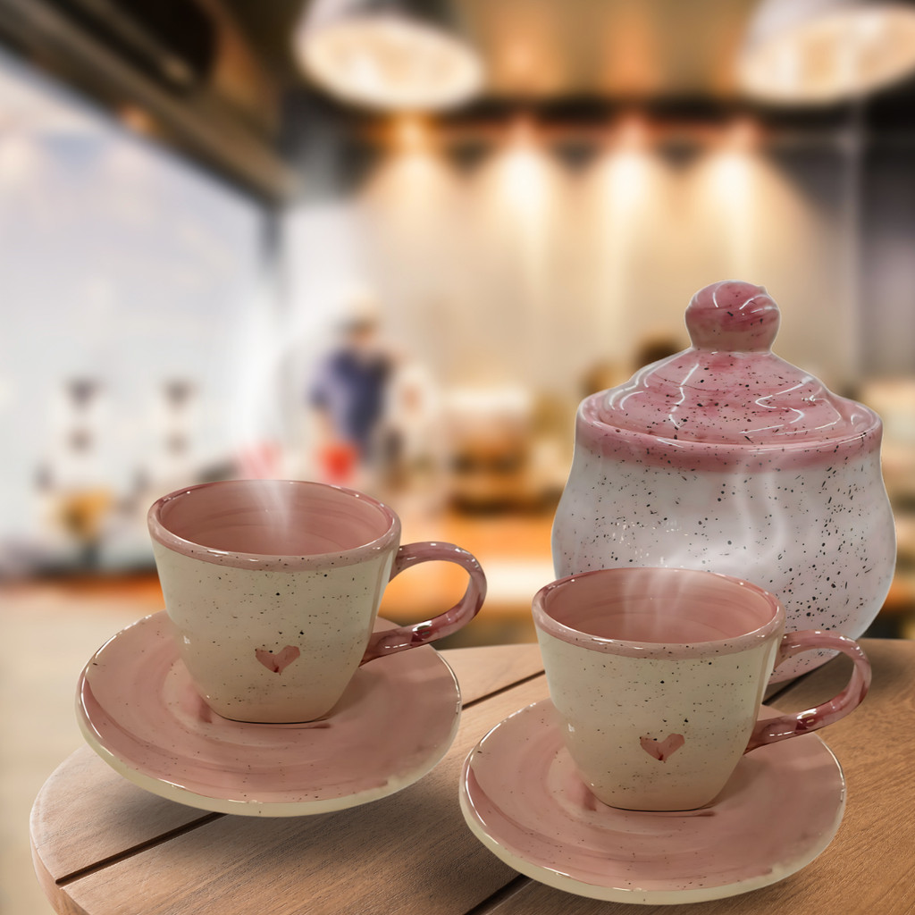 Xícaras De Chá 2 Unidades Com Pires 200ml E Açucareiro Rosa Coração em cerâmica - Imagem 5