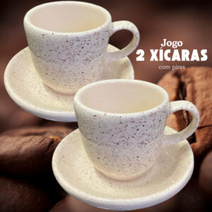 Conjunto 4 peças 2 Xícaras e 2 Pires Café Chapiscado Cerâmica Louça Pintado á Mão