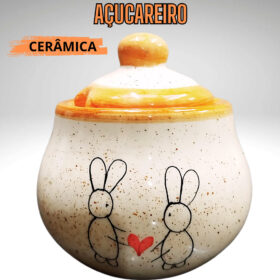 Açucareiro de Páscoa Decoração Cerâmica Mesa Posta Coelho Coração Pintado à Mão 300g