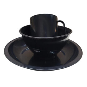 Kit 15 peças Plástico Preto 5 Prato 5 Caneca e 5 Cumbuca Pote