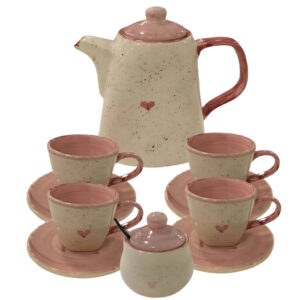 Chaleira Açucareiro 4 Xícaras Com Pires Para Servir Chá Rosa Coração Cerâmica