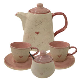 Conjunto de Chá Com Chaleira Açucareiro 2 Xícaras e Pires Pintados á Mão Rosa Coração