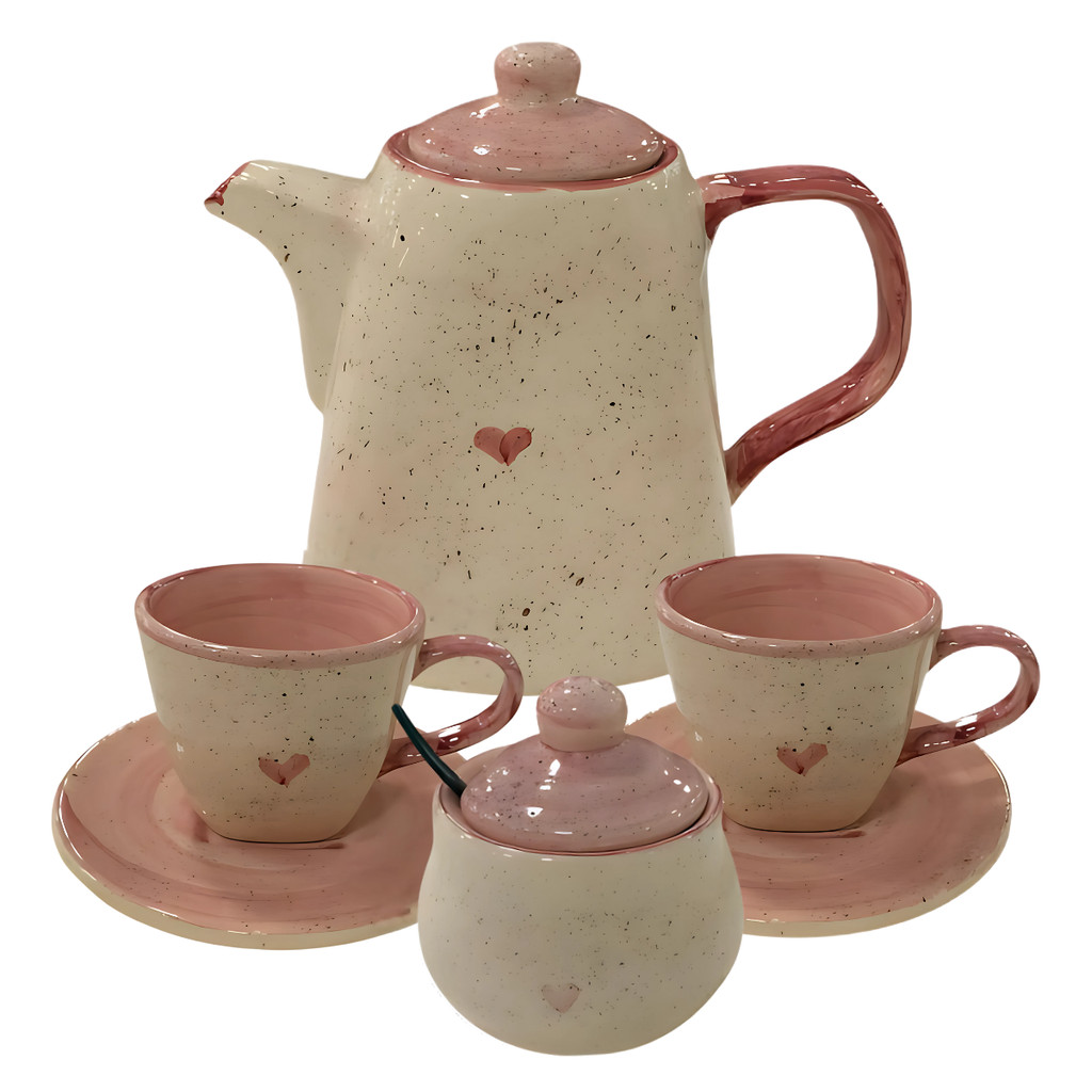 Conjunto de Chá Com Chaleira Açucareiro 2 Xícaras e Pires Pintados á Mão Rosa Coração