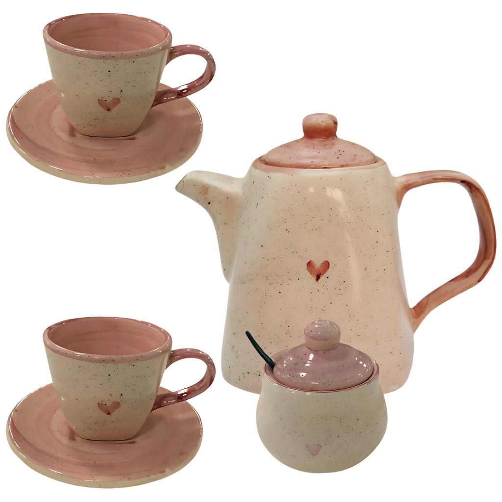 Conjunto de Chá Com Chaleira Açucareiro 2 Xícaras e Pires Pintados á Mão Rosa Coração - Imagem 2