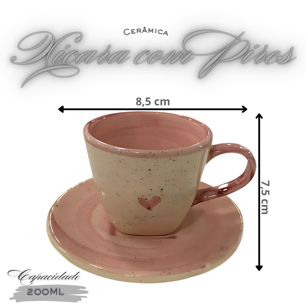 Conjunto de Chá Com Chaleira Açucareiro 2 Xícaras e Pires Pintados á Mão Rosa Coração - Imagem 3