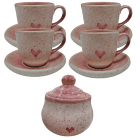 4 Xícaras De Café 60ml Com Pires E Açucareiro Cerâmica Rosa