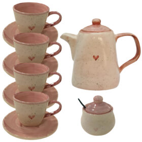 Jogo de Chá Chaleira Açucareiro 4 Xícaras Com Pires Para Servir Chá Rosa Coração Cerâmica