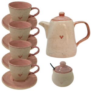 Jogo de Chá Chaleira Açucareiro 4 Xícaras Com Pires Para Servir Chá Rosa Coração Cerâmica