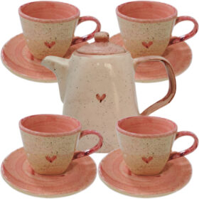 Chaleira com 4 Xícaras para café ou chá de 200ml com Pires em cerâmica artística pintadas a mão