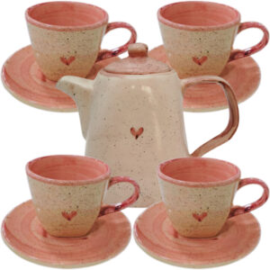 Chaleira com 4 Xícaras para café ou chá de 200ml com Pires em cerâmica artística pintadas a mão