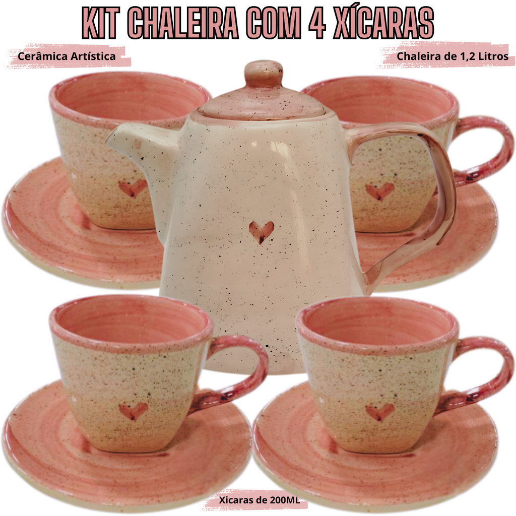 Chaleira com 4 Xícaras para café ou chá de 200ml com Pires em cerâmica artística pintadas a mão - Imagem 2