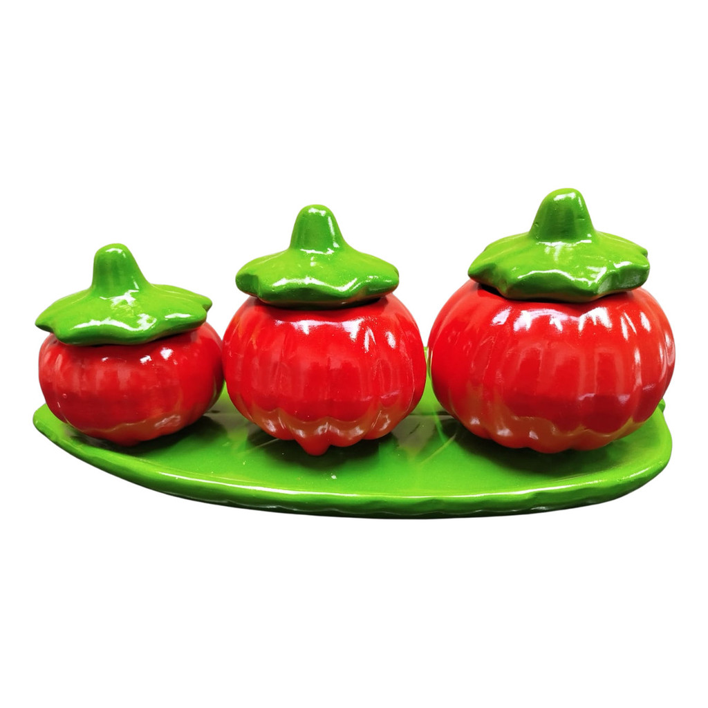 Abóboras Vermelhas com Folha Verde Decoração em Cerâmica - Imagem 3