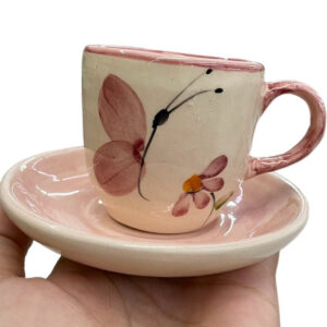 Kit com 4 peças 2 Xícaras para café 100ml e 2 Pires em Cerâmica Xicara de Louça Pintado a Mão