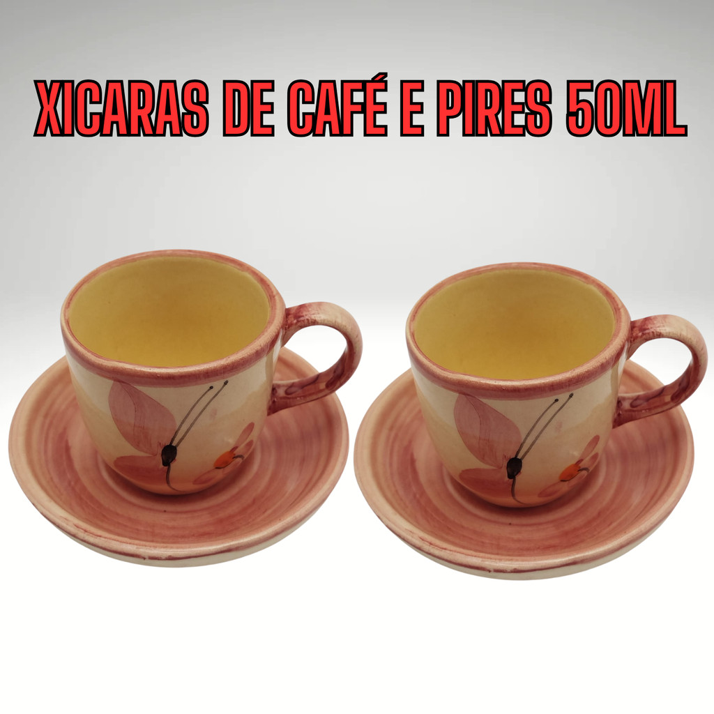 Kit com 4 peças 2 Xícaras para café 100ml e 2 Pires em Cerâmica Xicara de Louça Pintado a Mão - Imagem 4