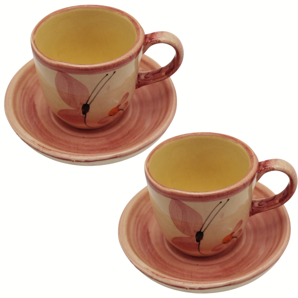 Kit com 4 peças 2 Xícaras para café 100ml e 2 Pires em Cerâmica Xicara de Louça Pintado a Mão - Imagem 5