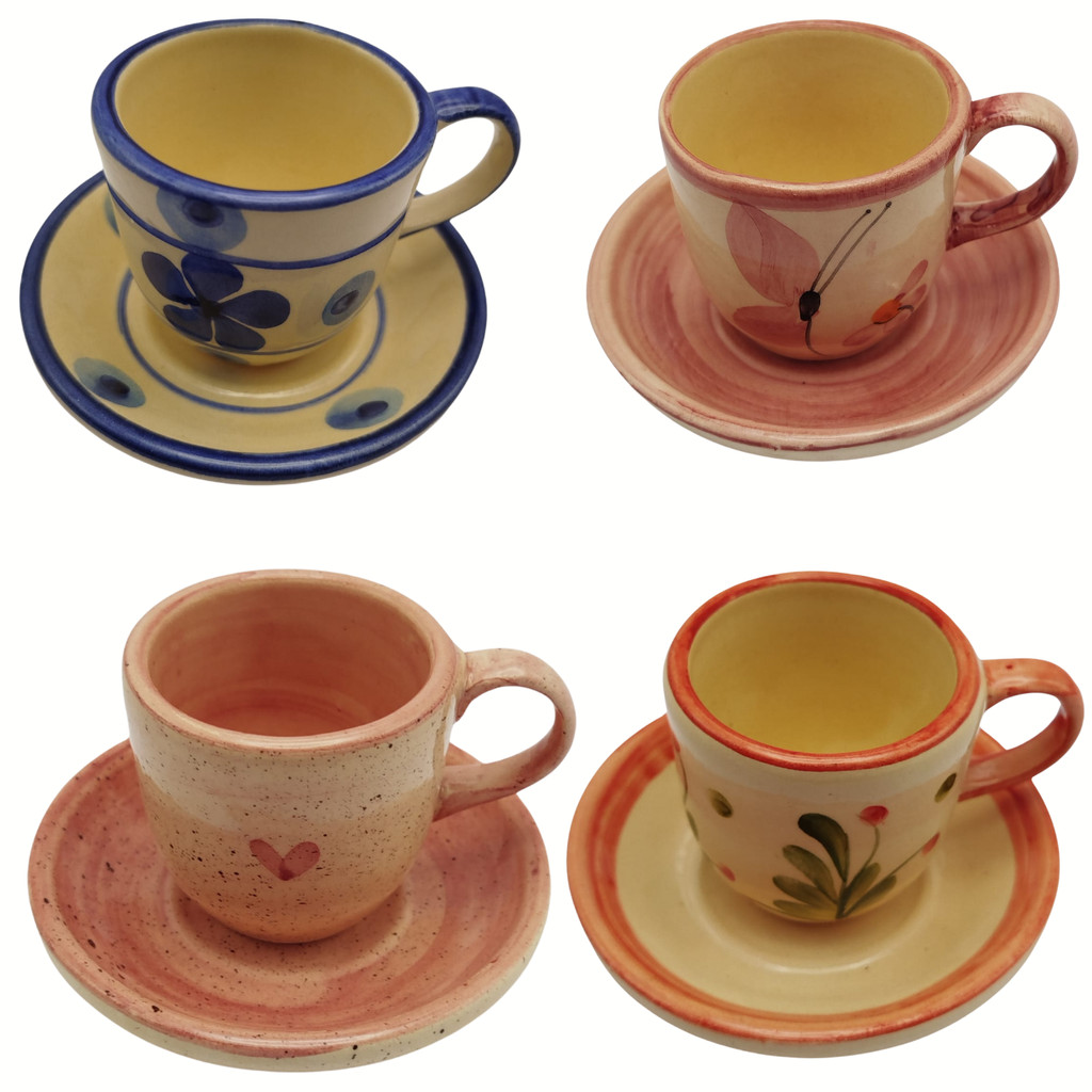 Lindo kit 4 peças 2 xícaras e 2 pires em cerâmica Louça Café Colorido Pintado a Mão - Imagem 2