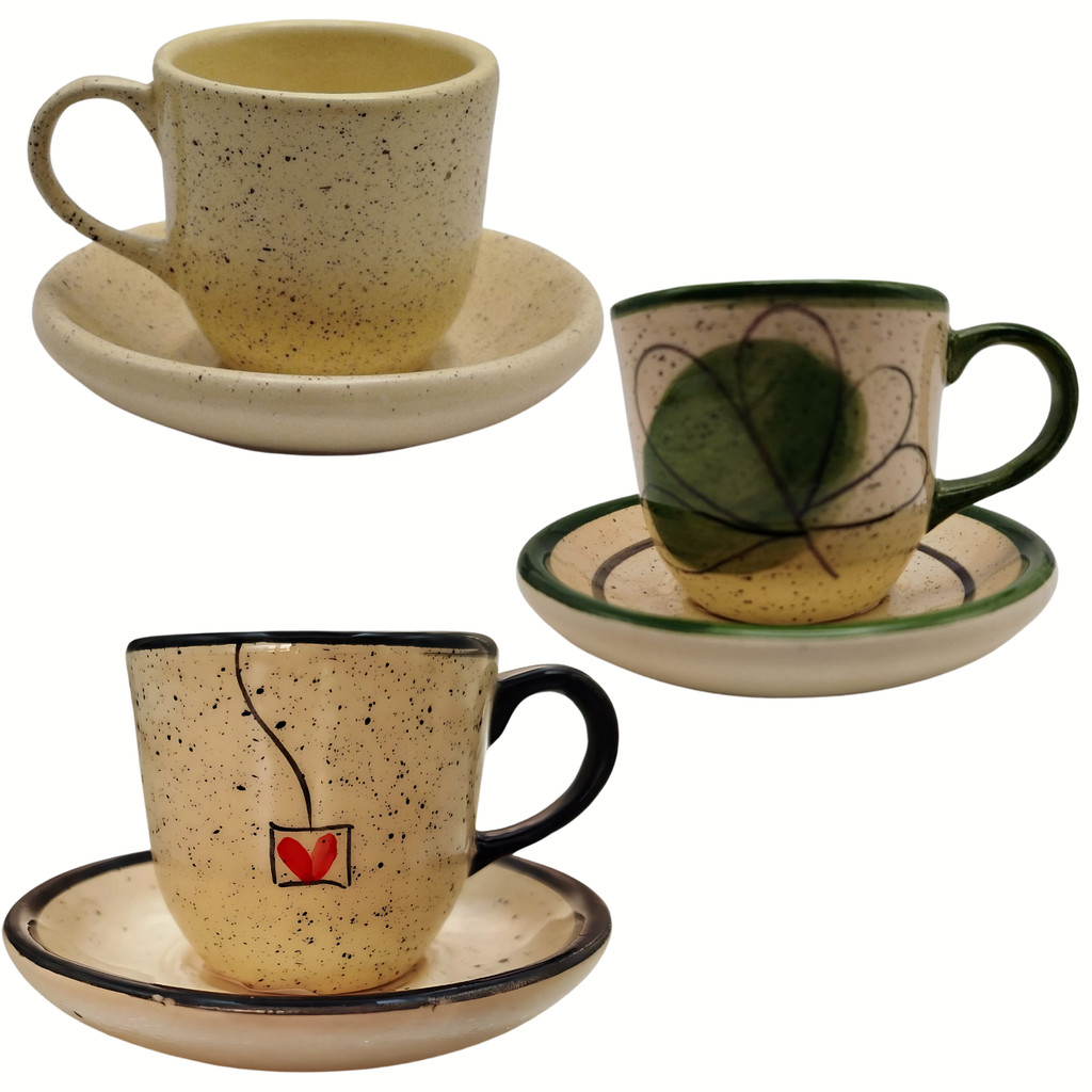 Lindo kit 4 peças 2 xícaras e 2 pires em cerâmica Louça Café Colorido Pintado a Mão - Imagem 3