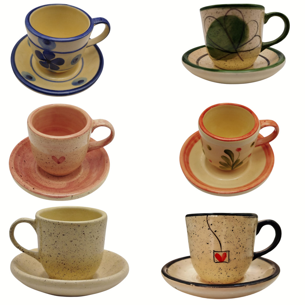 Lindo kit 4 peças 2 xícaras e 2 pires em cerâmica Louça Café Colorido Pintado a Mão - Imagem 4